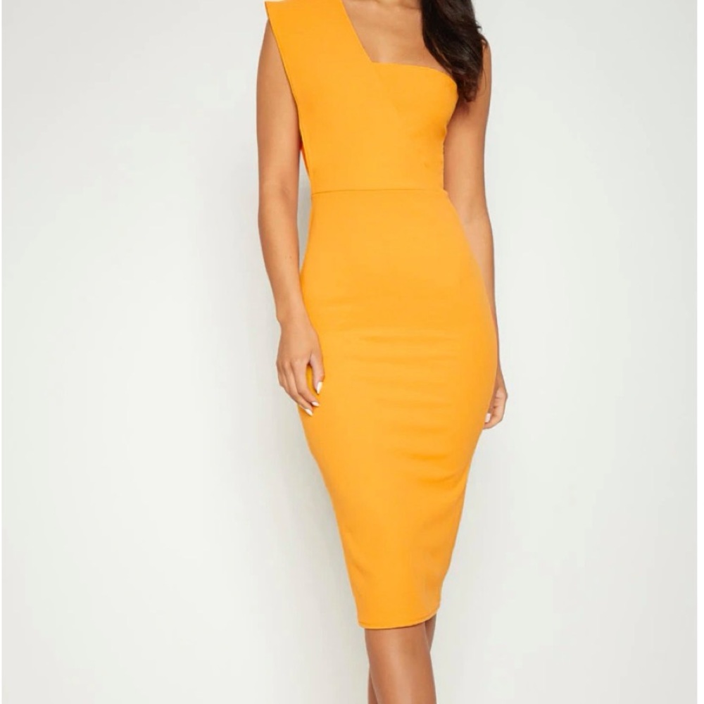 New! Yellow One Shoulder Draped Midi Dress